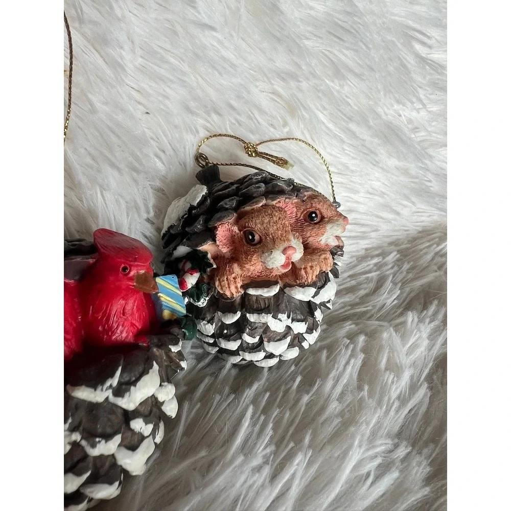 Pine Cone Christmas Ornaments Set 2 Cardinal Mice Snow Woodland Charm Forest